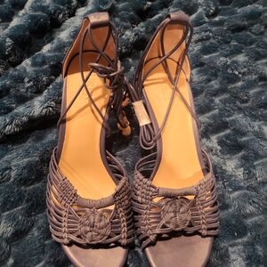 Ralph Lauren Navy Woven Lace-Up Heeled Sandals